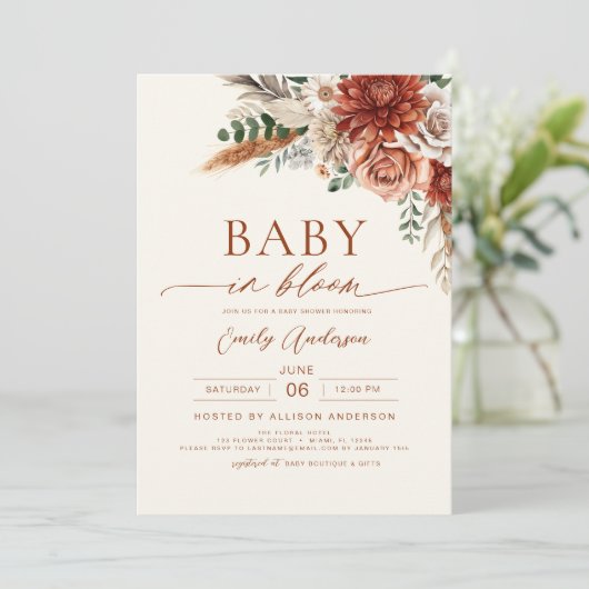 ワイルドフラワーベビーイン開花秋の赤ちゃんシャワー 招待状 (スタンド正面)