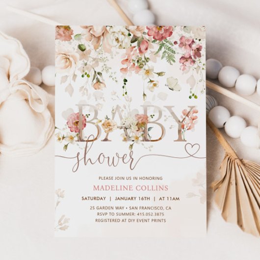 ワイルドフラワーベビーイン開花赤面フローラベビーシャワー 招待状