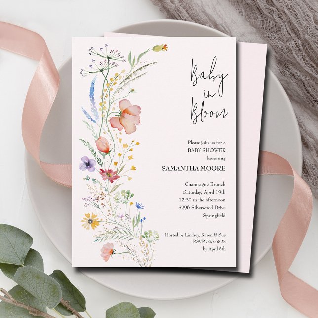 ワイルドフラワーベビーガールシャワー招待状 (Baby in Bloom Wildflowers Baby Girl Pink Shower Invitations)