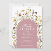 ワイルドフラワーベビーガールシャワー赤面ピンク 招待状 (正面)