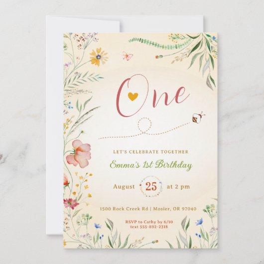 ワイルドフラワーベビーガール1stファーストワンサマー誕生日 招待状 (正面)