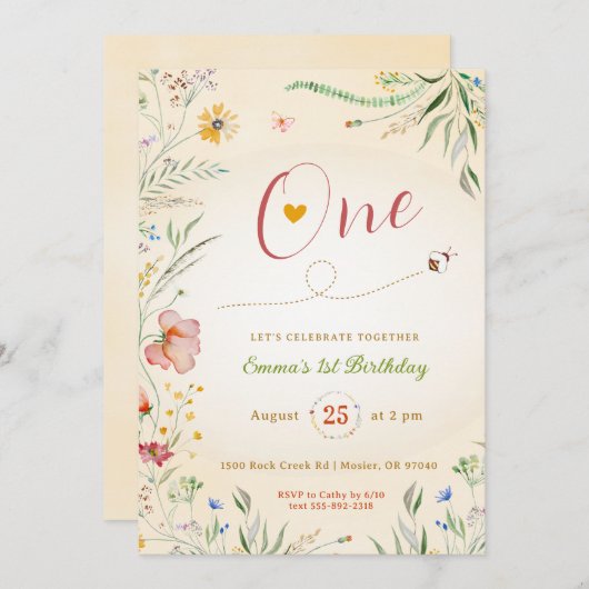 ワイルドフラワーベビーガール1stファーストワンサマー誕生日 招待状 (正面/裏面)