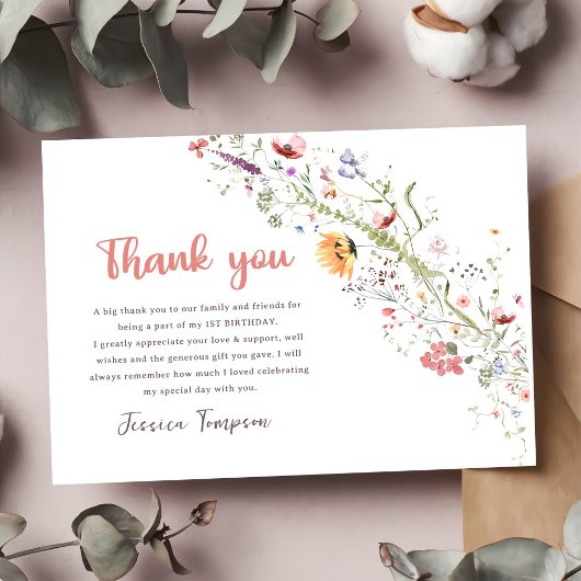 ワイルドフラワーベビーガール1st誕生日パーティー サンキューカード