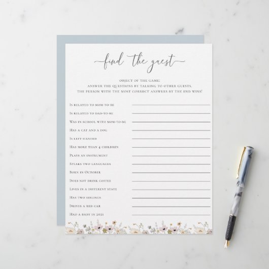 ワイルドフラワーベビーシャワーがゲストゲームを見つける (正面/裏面インサイチュ)