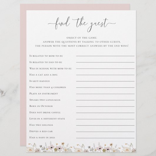 ワイルドフラワーベビーシャワーがゲストゲームを見つける (正面/裏面)