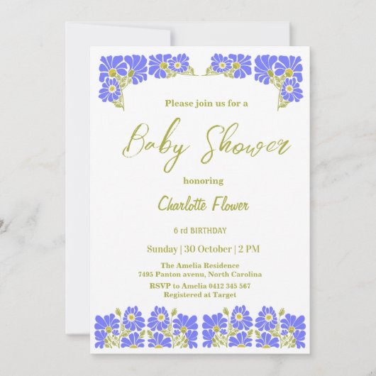 ワイルドフラワーベビーシャワーガールパーティー 招待状 (正面)