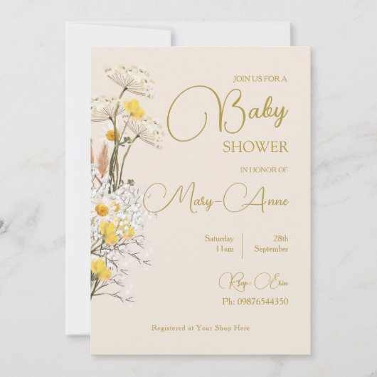 ワイルドフラワーベビーシャワーフローラ水彩 招待状 (正面)