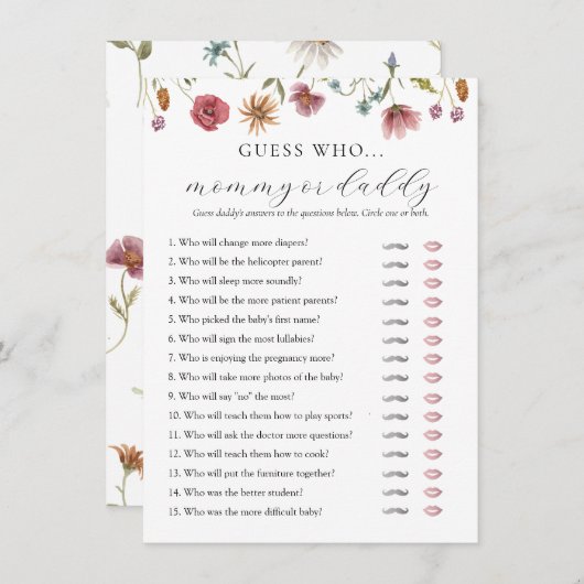 ワイルドフラワーベビーシャワーママまたはパパのゲームカード 招待状 (正面/裏面)