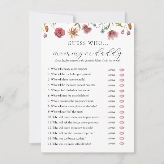 ワイルドフラワーベビーシャワーママまたはパパのゲームカード 招待状 (正面)