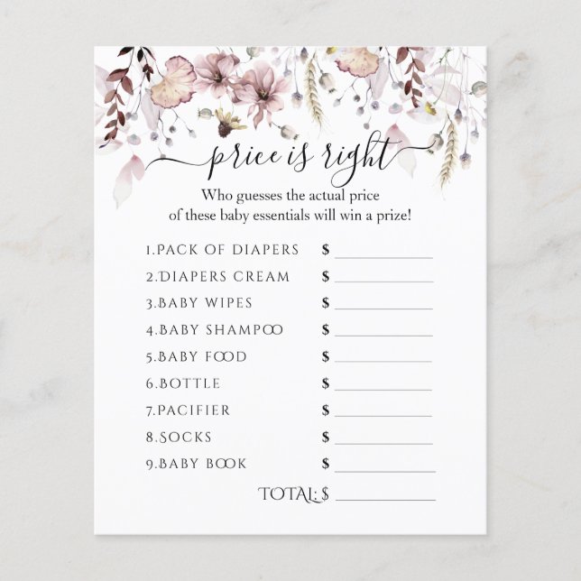 ワイルドフラワーベビーシャワー価格は正しいゲーム (正面)