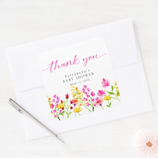 ワイルドフラワーベビーシャワー水彩ピンクありがとう スクエアシール (封筒)