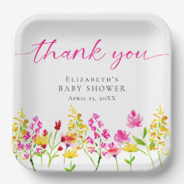 ワイルドフラワーベビーシャワー水彩フローラガールピンク ペーパープレート