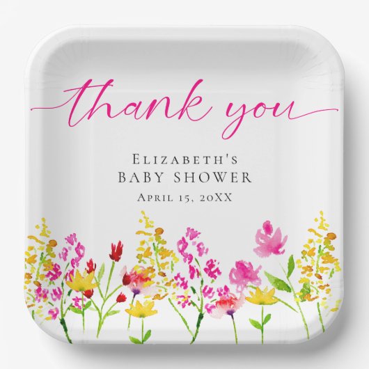 ワイルドフラワーベビーシャワー水彩フローラガールピンク ペーパープレート (正面)