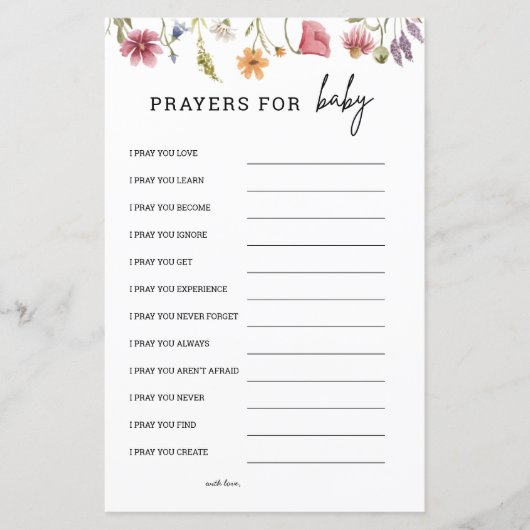 ワイルドフラワーベビーシャワー祈りの言葉ベビーアドバイスカード (正面)