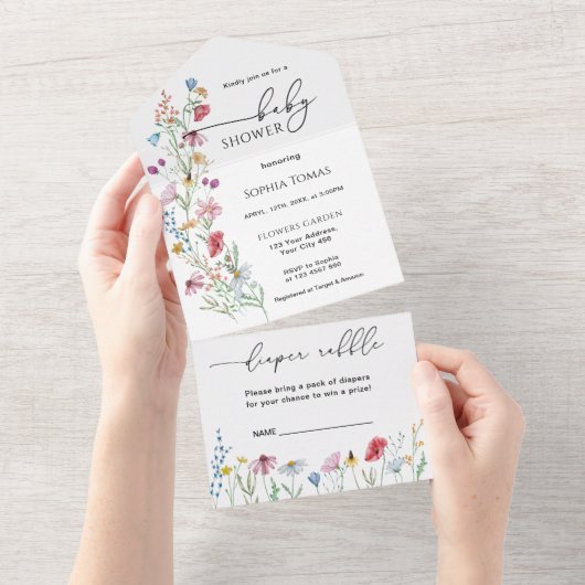 ワイルドフラワーベビーシャワー オールインワン招待状 (貼ってはがせる)