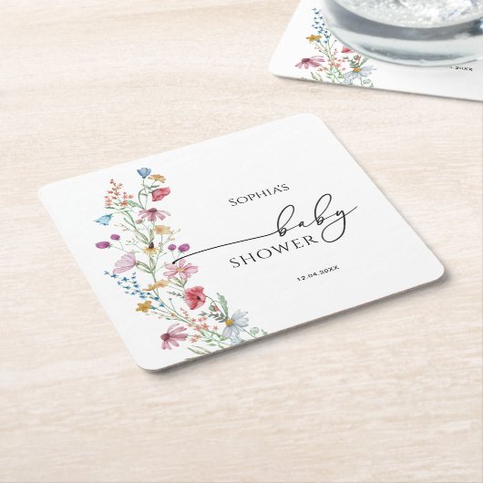 ワイルドフラワーベビーシャワー スクエアペーパーコースター (アングル)