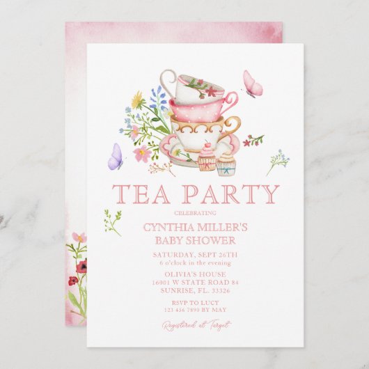 ワイルドフラワーベビーティーパーティーシャワー招待状 招待状 (正面/裏面)