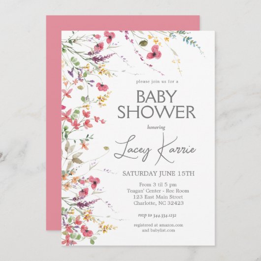 ワイルドフラワーベビーブシャワー招待ボイホフローラ 招待状 (正面/裏面)