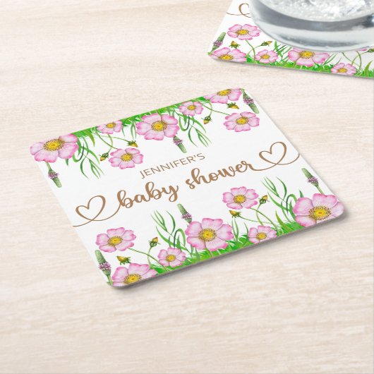 ワイルドフラワーベビー開花の赤ちゃんシャワー スクエアペーパーコースター (アングル)