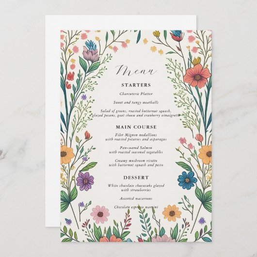 ワイルドフラワーベビー開花シャワーメニューカード 招待状 (正面/裏面)