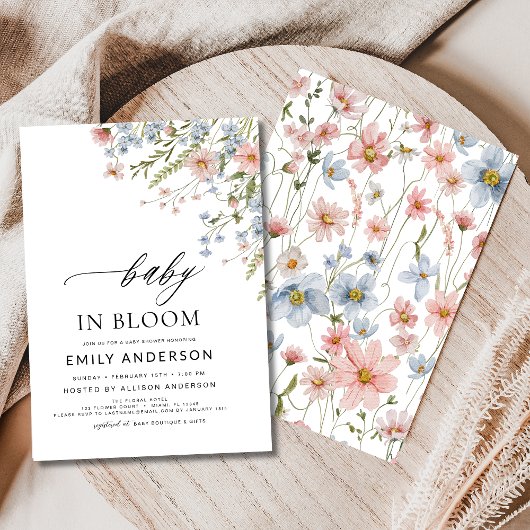 ワイルドフラワーベビー開花ベビーシャワーピンクブルー 招待状
