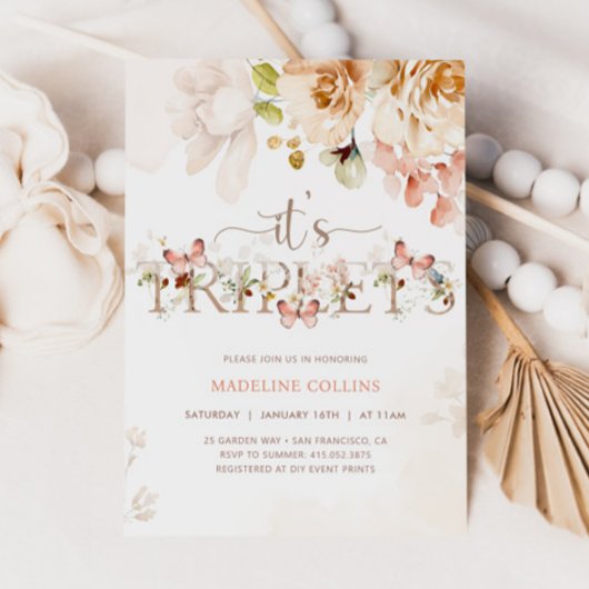 ワイルドフラワーベビー開花三つ子シャワー 招待状