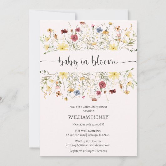 ワイルドフラワーベビー開花春フローラベビースシャワー 招待状 (正面)