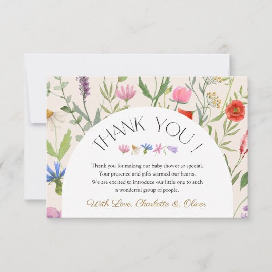 ワイルドフラワーベージュフローラベビーシャワーサンキューカード サンキューカード (正面)
