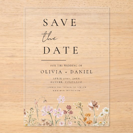 ワイルドフラワーベージュボホ日付ミニマリストを保存 アクリル招待状 (正面)