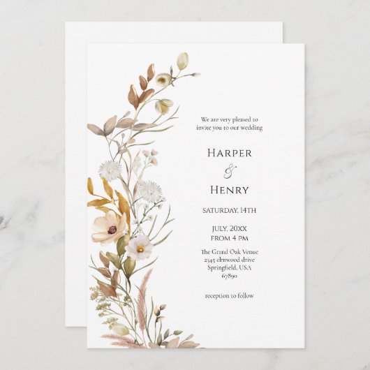 ワイルドフラワーベージュボホ結婚ボタニカル 招待状 (正面/裏面)