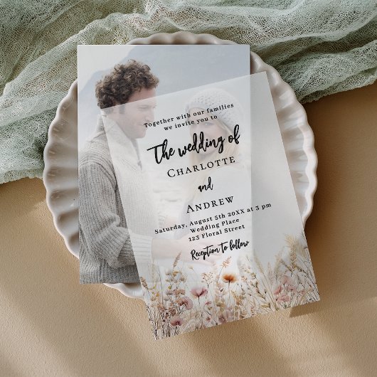 ワイルドフラワーベージュ結婚クリームピンク ベラム紙招待状