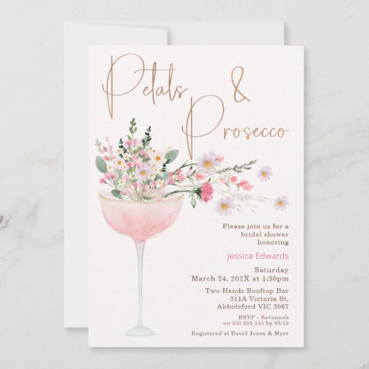ワイルドフラワーペタルモダンとプロセッコブライダルシャワー 招待状 (正面)