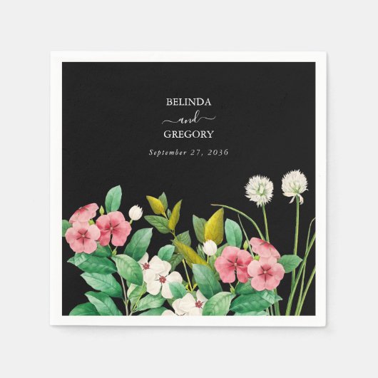 ワイルドフラワーペリウィンクル水の色結婚黒 スタンダードカクテルナプキン (正面)