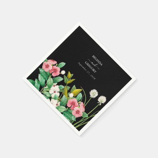 ワイルドフラワーペリウィンクル水の色結婚黒 スタンダードカクテルナプキン (角)