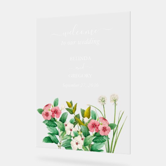 ワイルドフラワーペリウィンクル水結婚色の歓迎 アクリルサイン (傾斜)