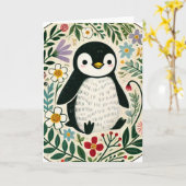 ワイルドフラワーペンギンイラストレーション カード (黄色い花)