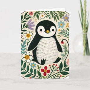 ワイルドフラワーペンギンイラストレーション カード