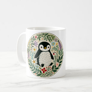 ワイルドフラワーペンギンイラストレーション コーヒーマグカップ