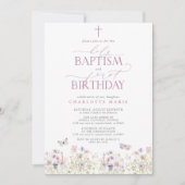 ワイルドフラワーホーリーバプテスマ&誕生日ピンクのスクリプト 招待状 (正面)