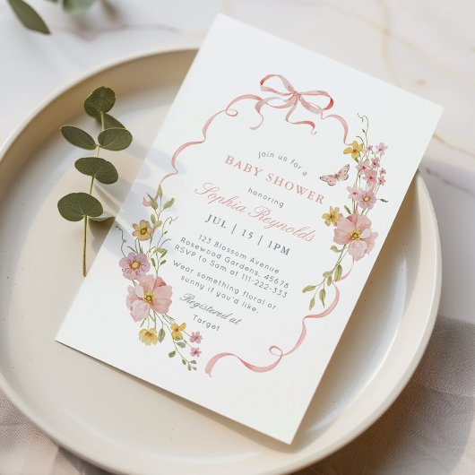 ワイルドフラワーボウフレームピンク赤ちゃんシャワー 招待状