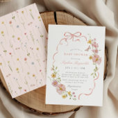 ワイルドフラワーボウフレームピンク赤ちゃんシャワー 招待状