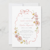 ワイルドフラワーボウフレームピンク赤ちゃんシャワー 招待状 (正面)