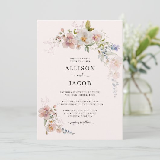 ワイルドフラワーボタニカル赤面ピンク結婚フローラ 招待状 (スタンド正面)