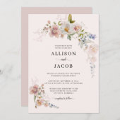 ワイルドフラワーボタニカル赤面ピンク結婚フローラ 招待状 (正面/裏面)