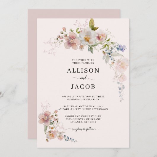 ワイルドフラワーボタニカル赤面ピンク結婚フローラ 招待状 (正面/裏面)