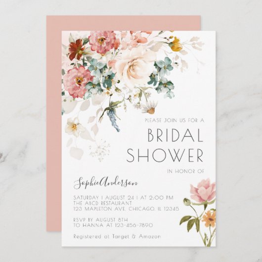 ワイルドフラワーボホウォーター色フローラブライダルシャワー 招待状 (正面/裏面)