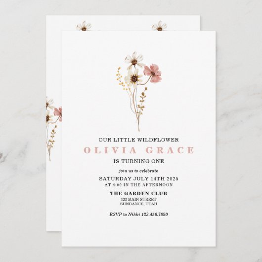 ワイルドフラワーボホガーデンフローラ最初の誕生日の招待 招待状 (正面/裏面)