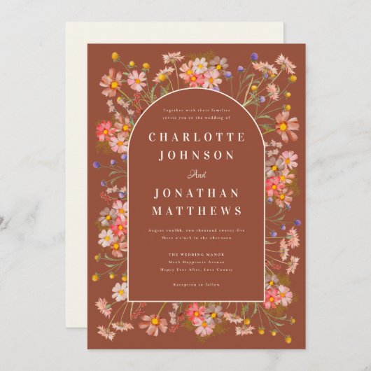 ワイルドフラワーボホシックアーチテラコッタ秋の結婚式 招待状 (正面/裏面)