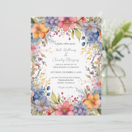 ワイルドフラワーボホシックフローラリース結婚式の招待 招待状 (スタンド正面)