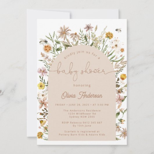 ワイルドフラワーボホシック赤ちゃんシャワー 招待状 (正面)